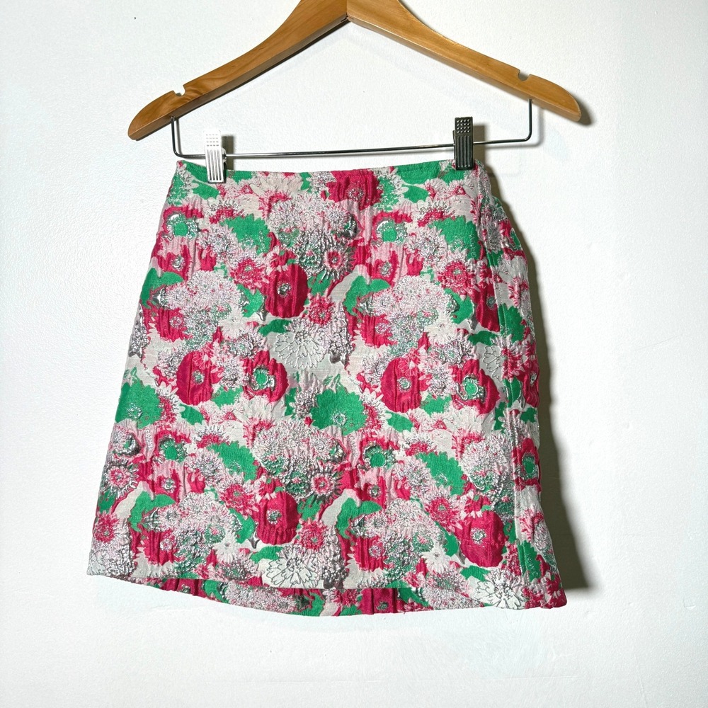 Ganni Mini Skirt Womens 34 Pink Green Metallic Floral Brocade